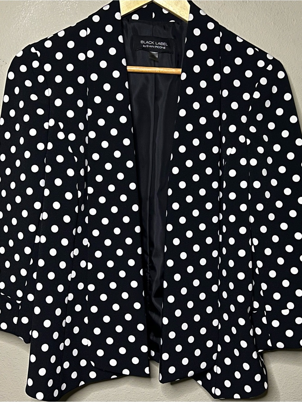 Black Label by Evan Picone Open Front Jacket Women Size 8 Black White Polka Dots